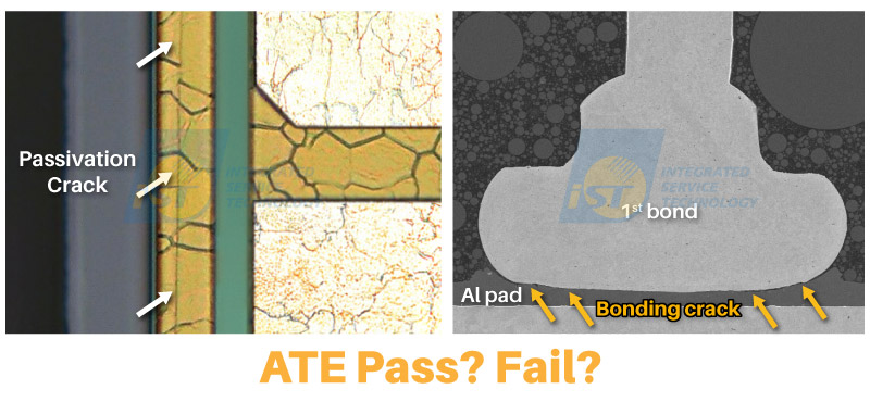 AEC车规 当 ATE 显示 Pass，风险真的消失了吗？ DPA 诊断扮演的角色 在第三个主题中，我们透过实际案例指出，有些样品即使护层已经产生裂纹，打线焊点与铝垫之间可见裂痕，但在 ATE (Automatic Test Equipment）测试上仍显示「Pass」。这种「电性正常，但结构已经出现隐忧」的情境，在汽车电子中并不少见。