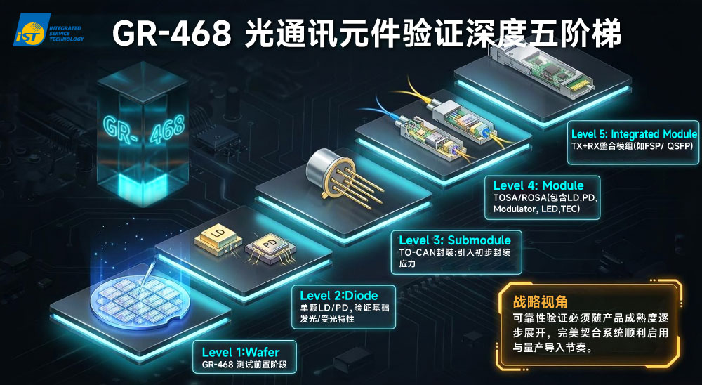 硅光子规范 GR-468依「组装完成度」将待测物分为多个封装层级（Assembly Level），测试对象可从晶圆到单一芯片，延伸至次模块，仍至整颗光模块，从不同层级对应不同测试条件与验证深度。