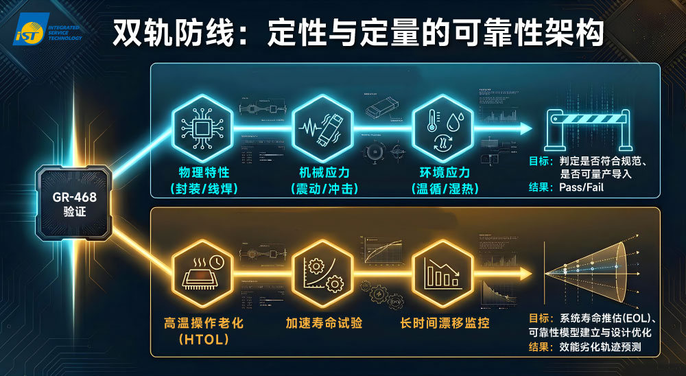 硅光子规范 Telcordia GR-468除了可藉由「定性测试（Qualitative Tests）」判别是否符合规范（Pass或Fail）、是否可量产导入，亦可透过「定量测试（Quantitative Tests/ Aging Tests）」进行寿命推估（EOL）、可靠性模型建立与系统设计优化。